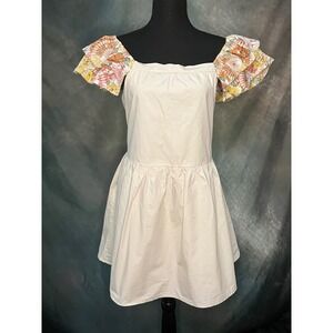 BiBi Floral Ruffle‎ Sleeve Mini Dress, Square Neck Sleeveless A-Line Tan Size Lg